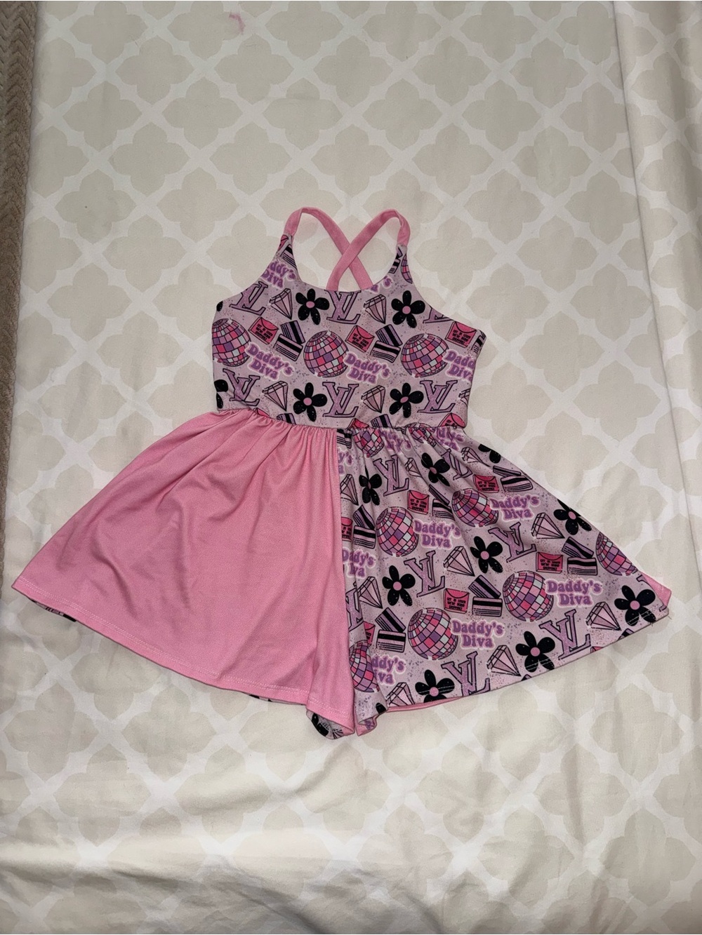 Handmade Girls 4T Daddy’s Diva Pink Cross-Back Shorts Romper